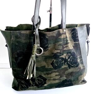 Sanctuary Rose Print Suede Genuine Green Pebbled Leather Fringe Tassel Tote Bag